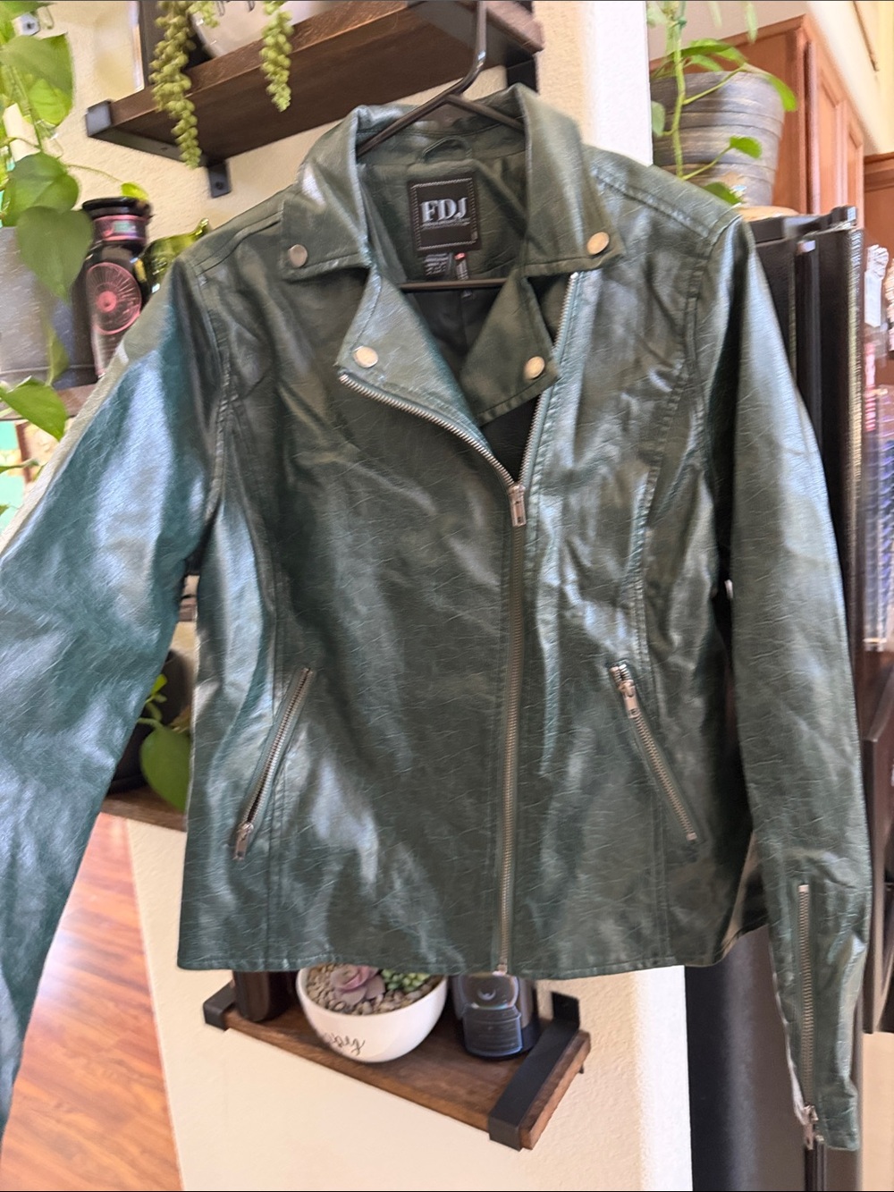 Women's Green Faux-Leather Moto Jacket